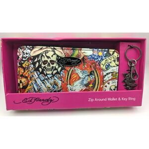 ED HARDY Zip Around Wallet & Key Chain Multicolor Skull Rose Unicorn Tattoo NEW